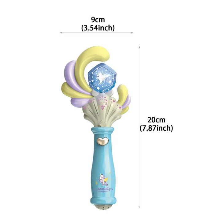 Blue toy wand measurement guide showing 9 cm width and 20 cm height