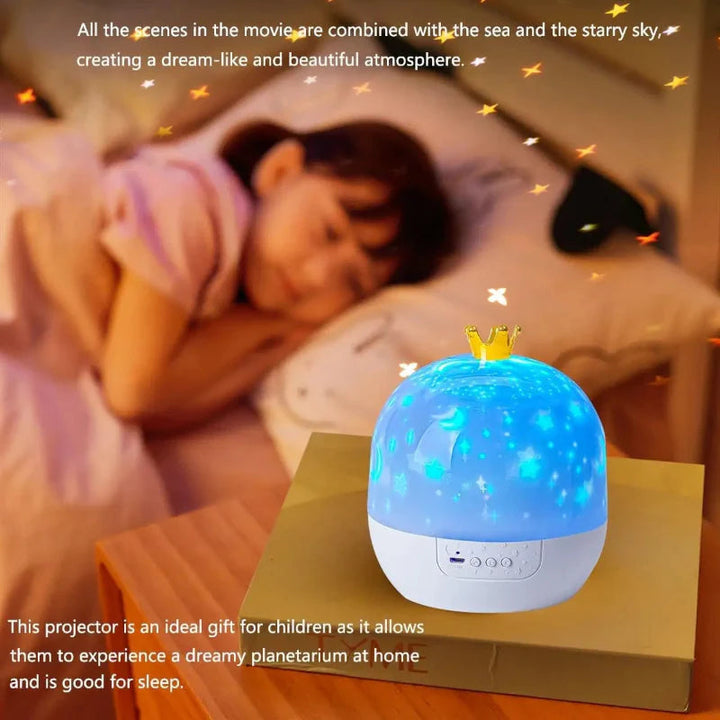 Crown-style night light glowing blue on a bedside table beside a sleeping child.