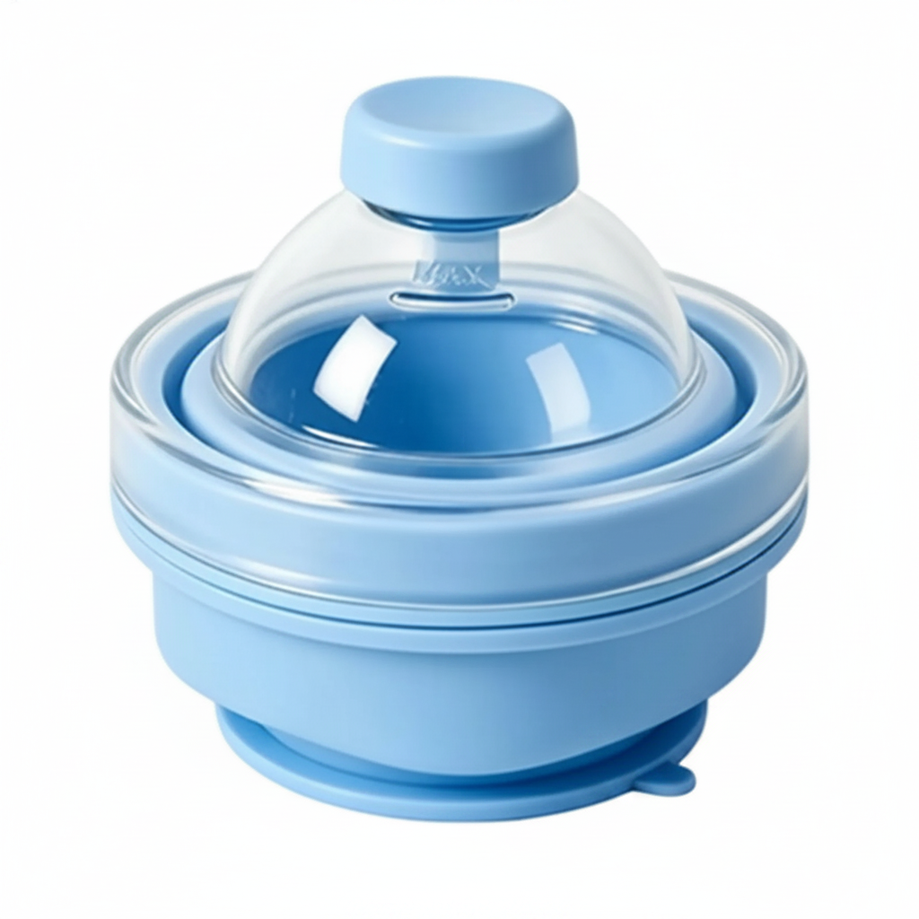 Blue silicone drinking cup folded down with its clear domed lid attached