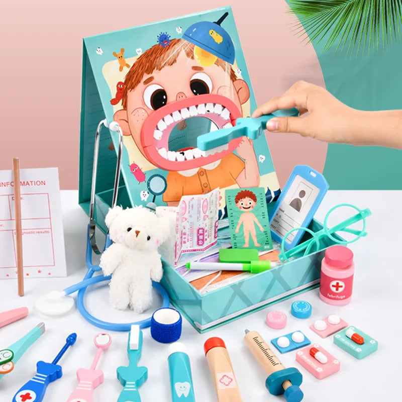 Blue dentist play set with an upright model mouth, storage box, toy tools, and a small plush bear