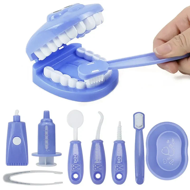 Blue dentist playset with a toothbrush being used on the tooth model and pretend dental tools below