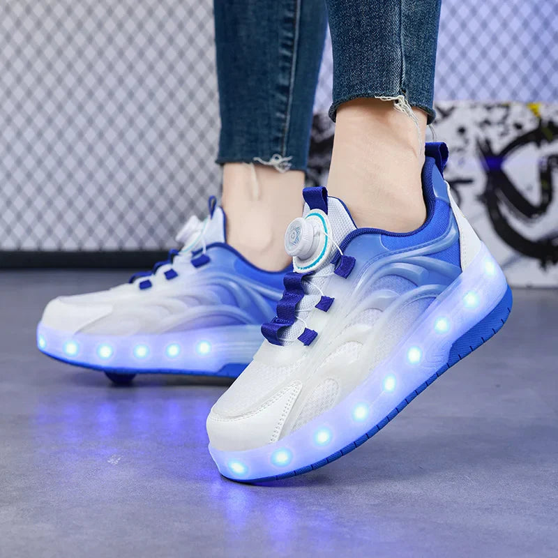 Blue-and-white dial-closure roller sneakers worn with illuminated soles