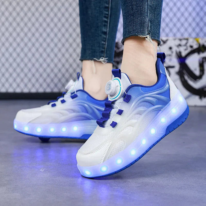 Blue-and-white dial-closure roller sneakers worn with illuminated soles