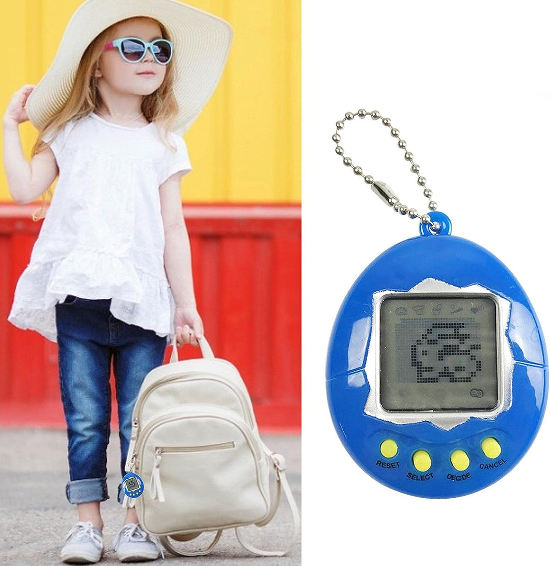 Blue digital pet toy shown beside a child carrying a backpack with the toy attached.