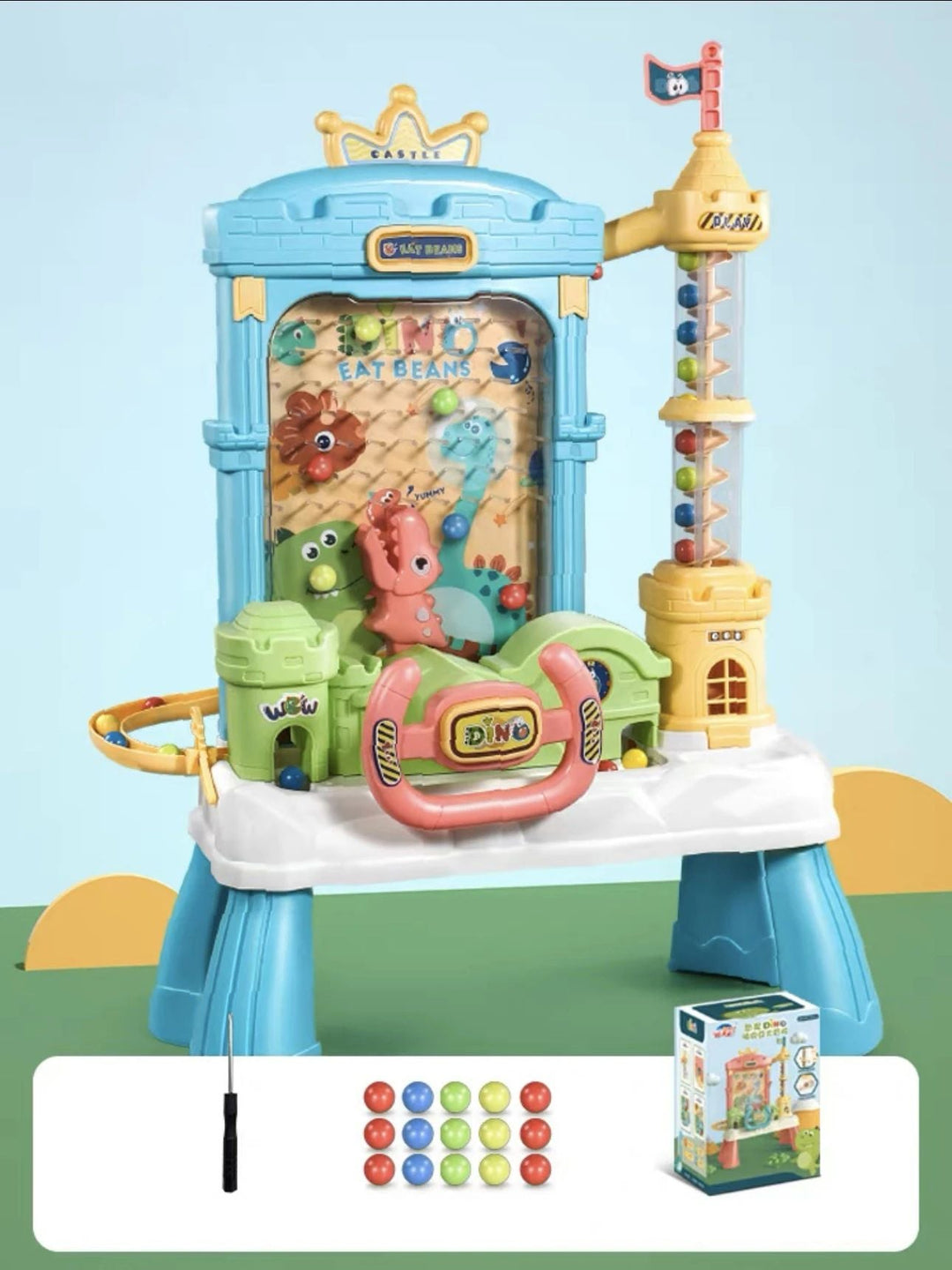 Blue dinosaur arcade toy shown with ball accessories, a screwdriver graphic and a retail box