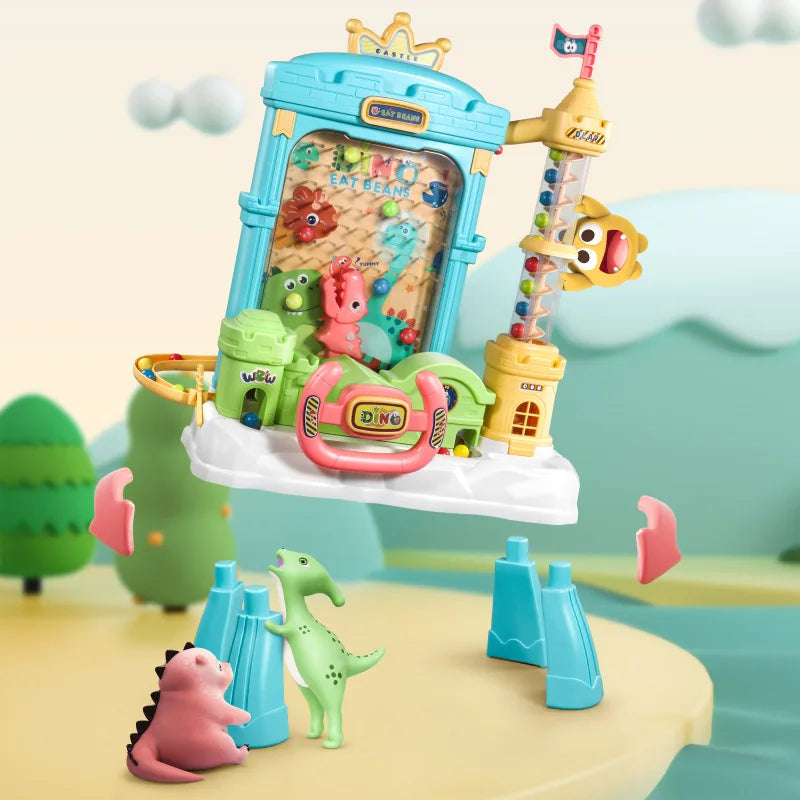 Blue dinosaur arcade toy shown with detached table legs and assembly arrows