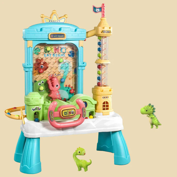 Blue dinosaur ball-catching toy with a pink steering wheel, yellow spiral tower and dinosaur decorations