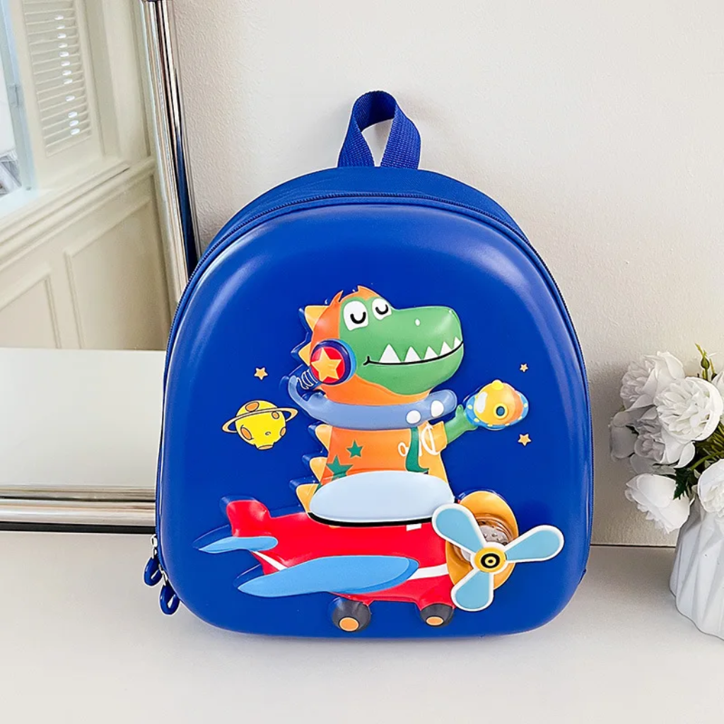 Blue dinosaur backpack with a red airplane and front propeller