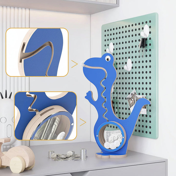 Blue dinosaur piggy bank with close-ups of its wavy coin track and clear coin compartment