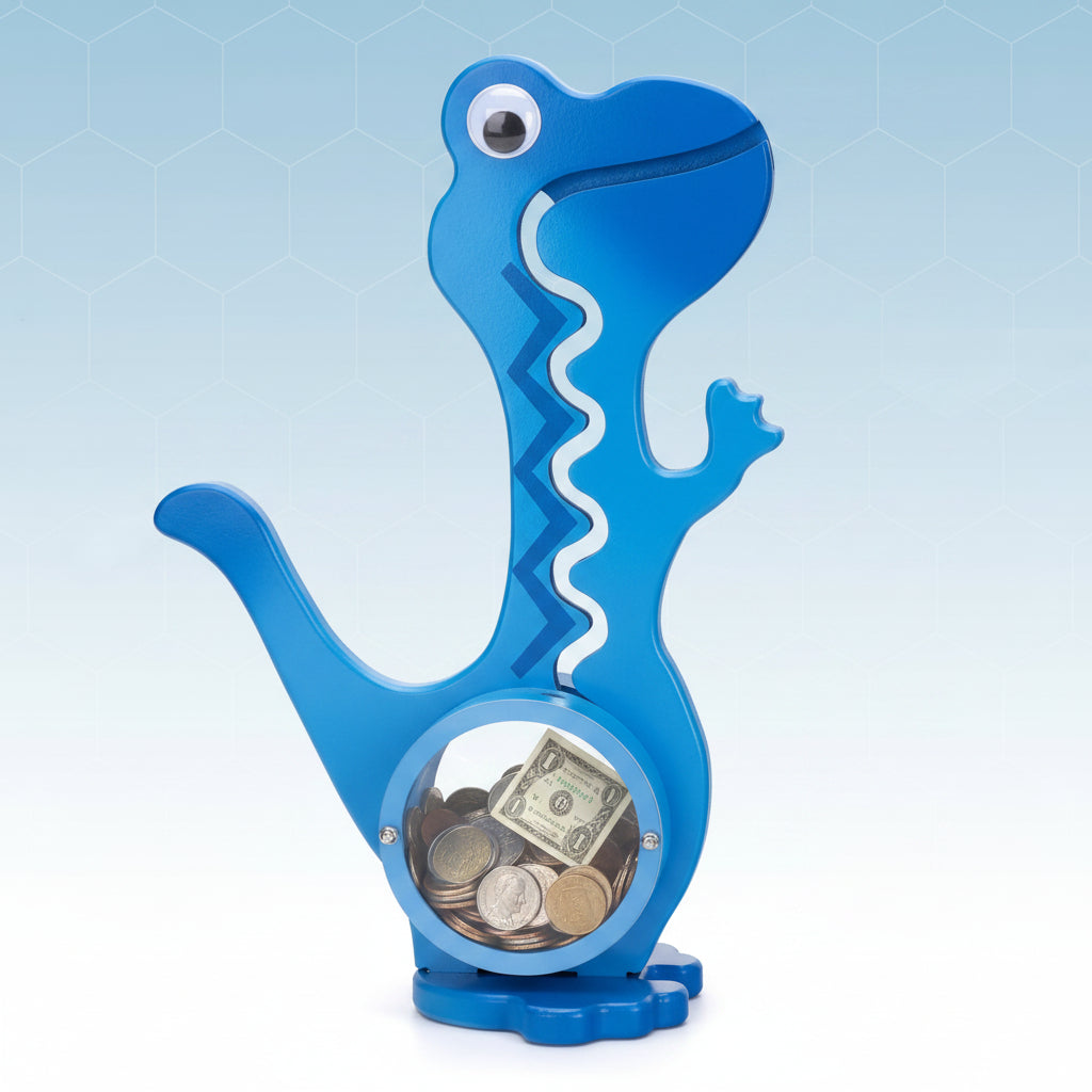 Blue dinosaur piggy bank with coins and a folded bill visible through the round front window