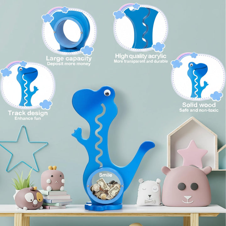 Blue dinosaur piggy bank on a shelf with detail insets of its clear window and winding coin track