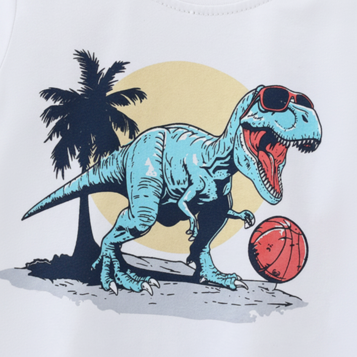 White sweatshirt graphic showing a blue dinosaur with sunglasses, a basketball, and a palm tree