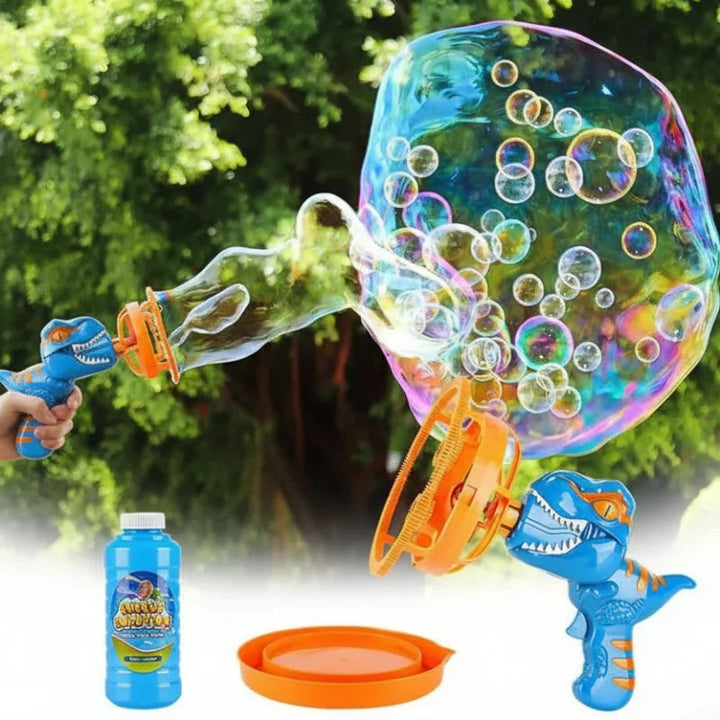 Blue dinosaur bubble gun with giant bubbles, an orange dipping tray, and a bottle