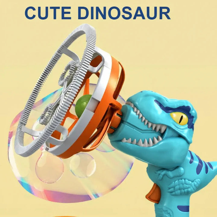 Side view of a blue dinosaur bubble gun with a large circular ring
