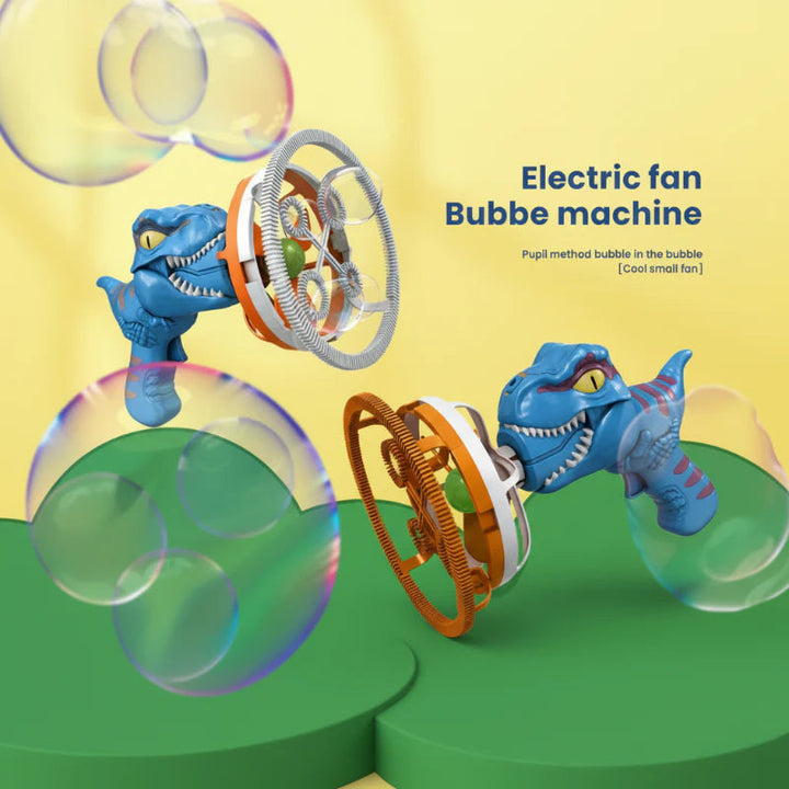 Two blue dinosaur bubble machines with circular fan rings and floating bubbles