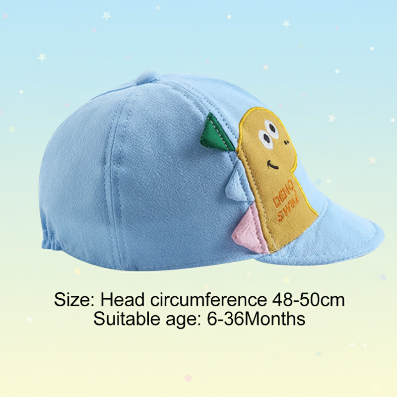 Side view of a blue dinosaur cap with a 48–50 cm head circumference and ages 6–36 months listed.