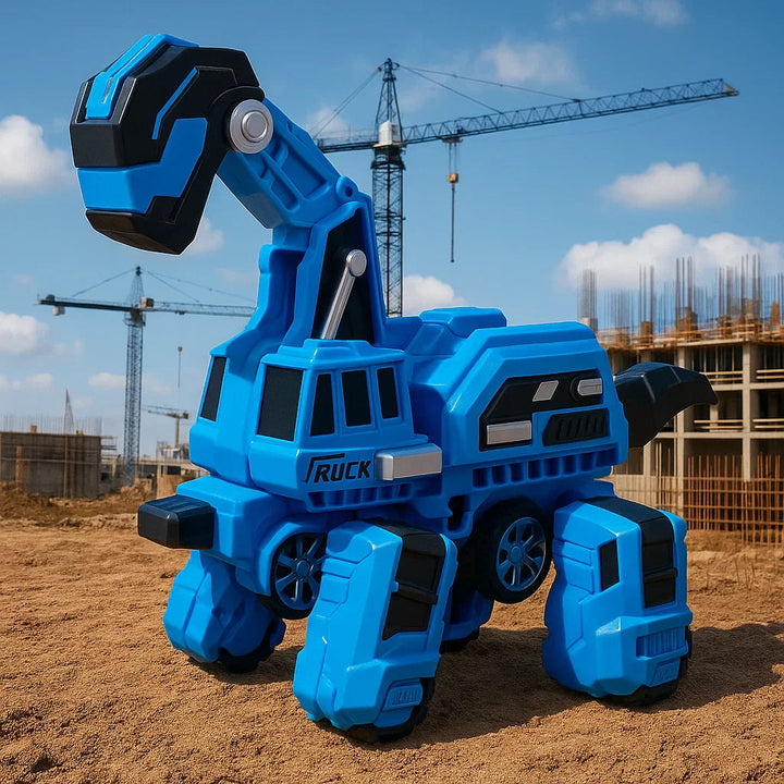 Blue transforming dinosaur vehicle with a raised neck against a construction-site backdrop