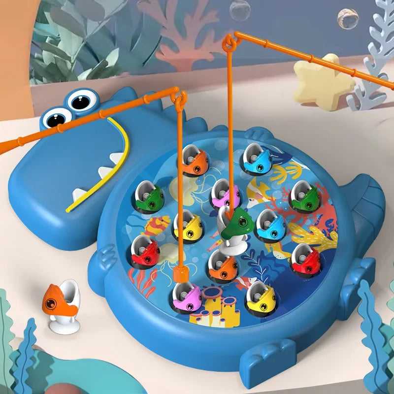 Blue dinosaur-shaped fishing board with colorful fish and two orange fishing rods.