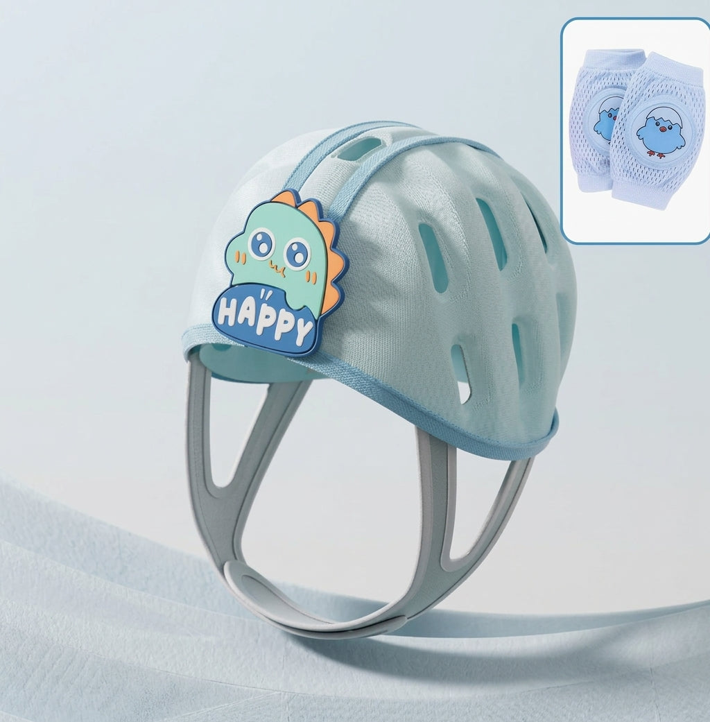 Blue dinosaur headguard with two blue sheep knee pads shown in the inset