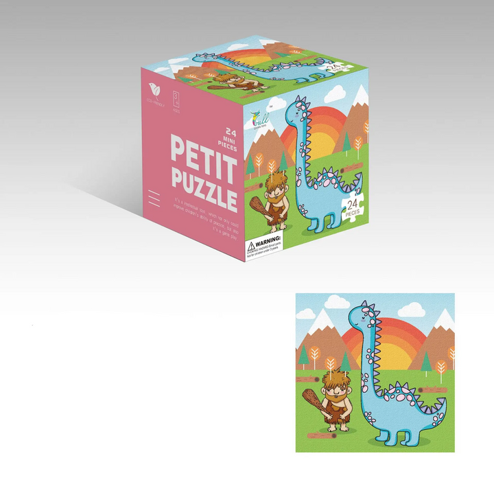 Blue dinosaur jigsaw puzzle with a rainbow landscape and a matching cube box