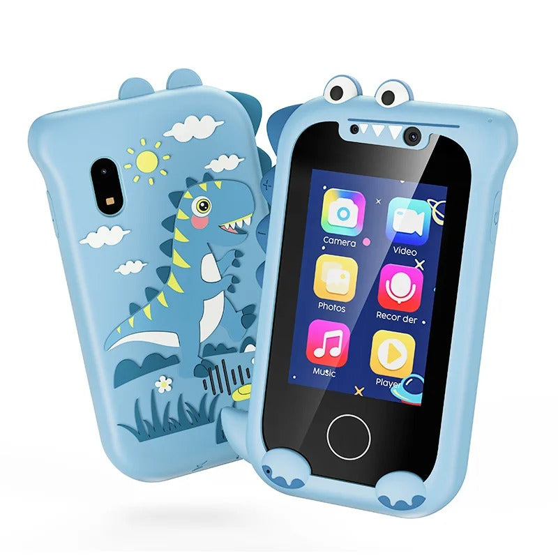 Blue dinosaur toy phone with colorful touchscreen icons and a matching illustrated back