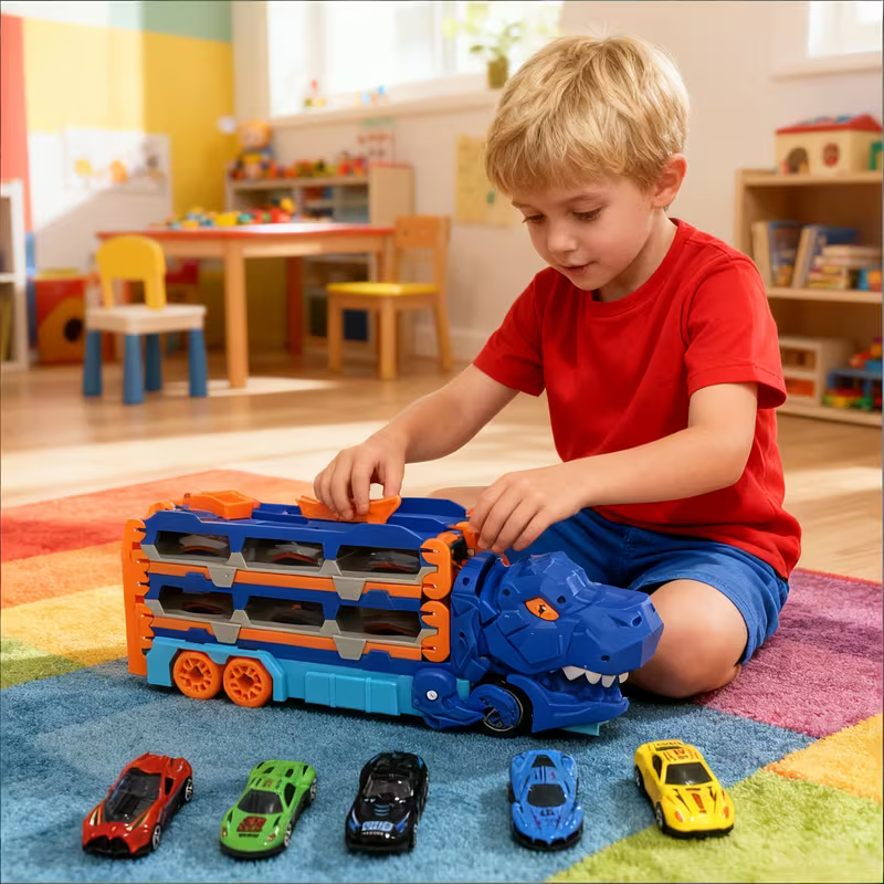Child playing with a blue dinosaur transport truck and colorful toy cars.
