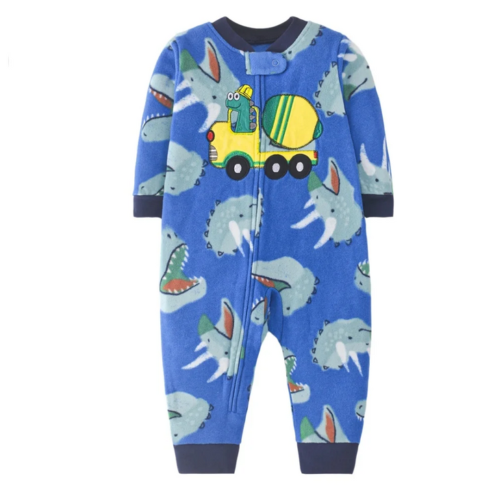 Blue dinosaur-print fleece baby jumpsuit with a green and yellow truck chest design