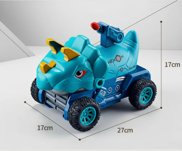 Blue dinosaur vehicle with measurements showing 27 cm length, 17 cm width, and 17 cm height