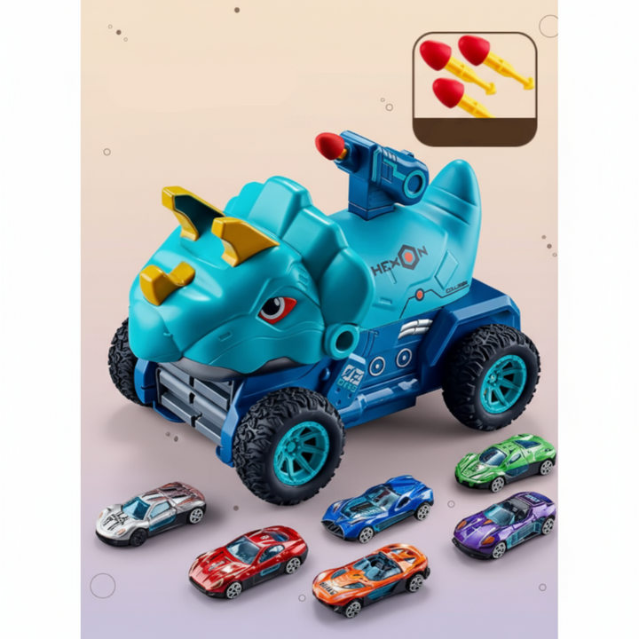 Blue dinosaur vehicle set shown with six colorful mini cars and three darts