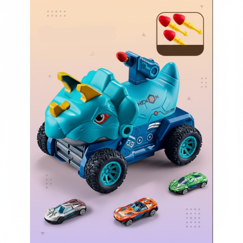 Blue dinosaur toy car set shown with three mini cars and three darts
