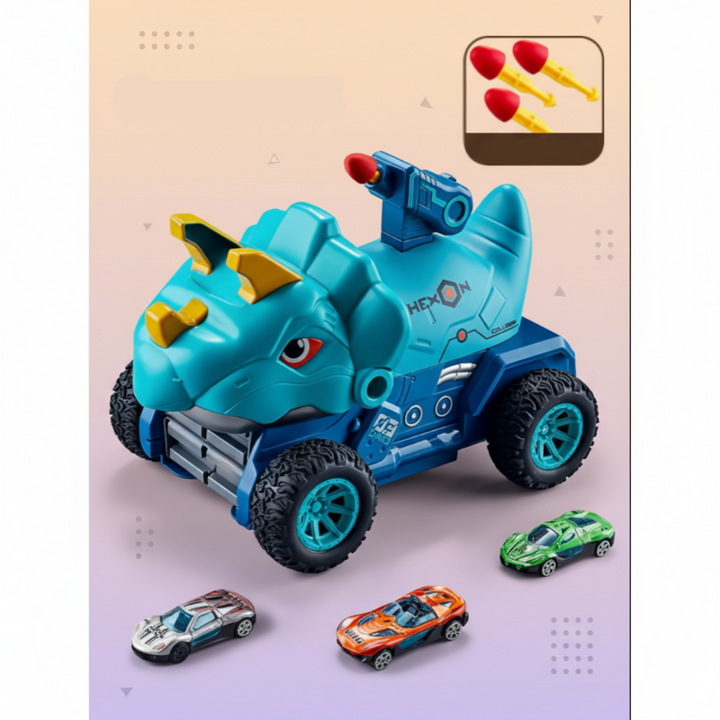 Blue dinosaur toy car set shown with three mini cars and three darts