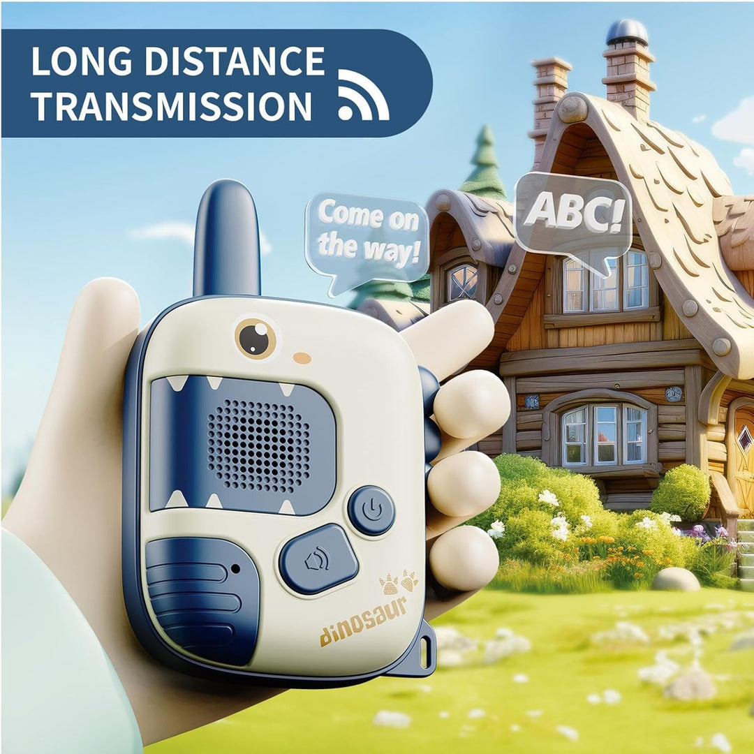 Blue dinosaur walkie-talkie held in one hand in front of an illustrated outdoor scene