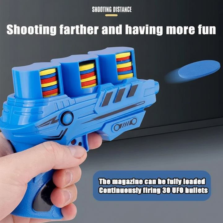 Blue foam disc blaster shown launching a blue disc, with three loaded compartments
