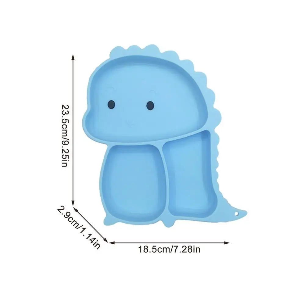 Blue divided dinosaur plate with height, width, and depth measurements