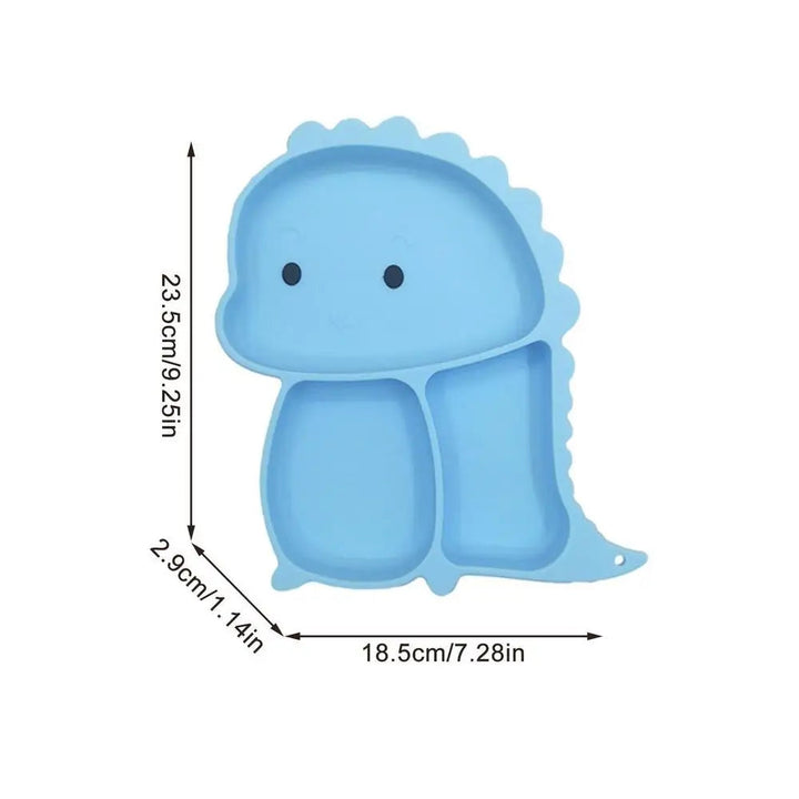 Blue divided dinosaur plate with height, width, and depth measurements