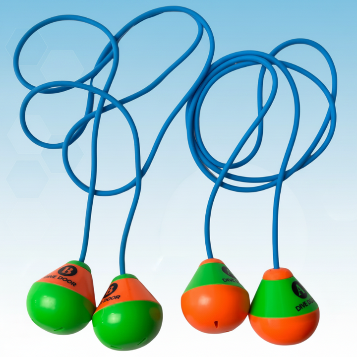 Four blue loop diving toys with green-and-orange ends against a pale blue background
