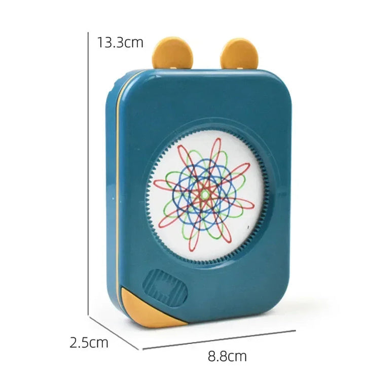 Blue drawing case with measurements of 13.3 cm high, 8.8 cm wide, and 2.5 cm deep