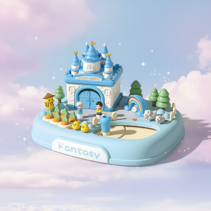 Blue Dream Castle playset with turrets, figures, trees and a rainbow