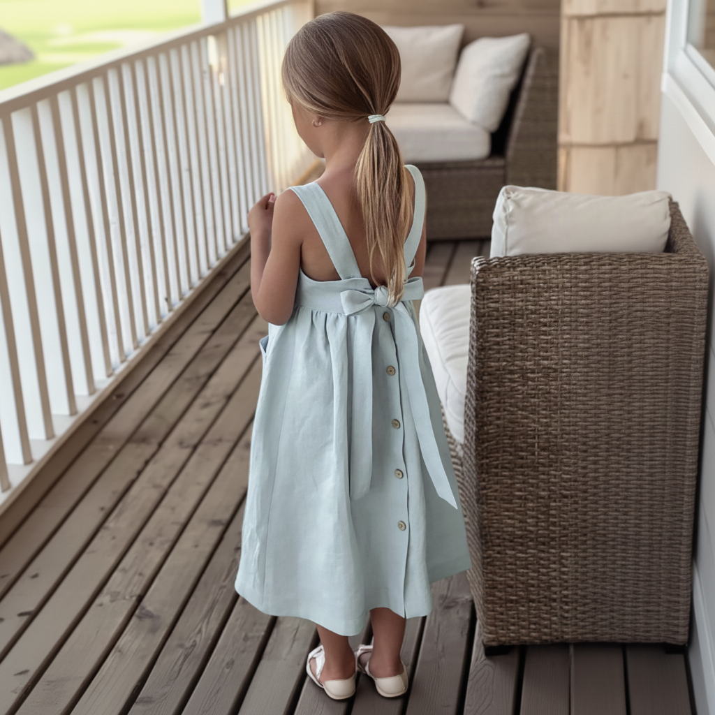 Child wearing the blue dress on a porch, showing the back bow and button details