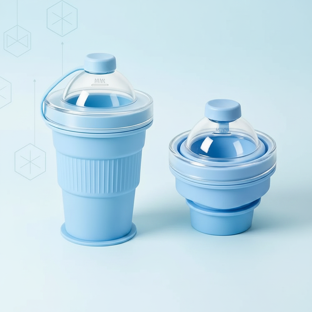 Blue silicone drinking cup shown fully expanded and folded down with lids attached