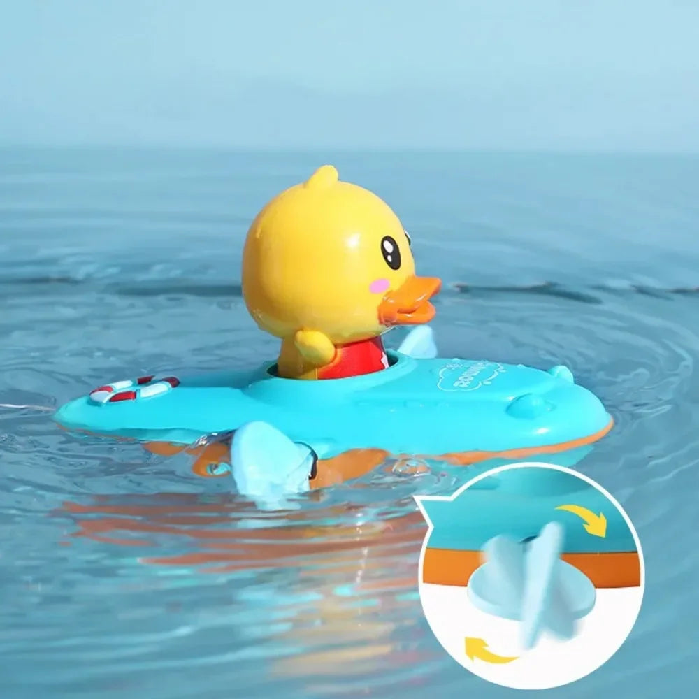 Yellow duck in a blue boat with side paddles, floating on water
