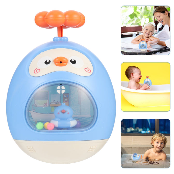 Blue duck-shaped bath toy with an orange flower handle alongside bath-time play scenes