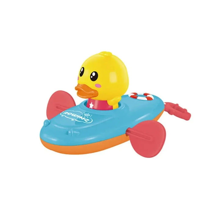 Blue duck boat with a yellow duck, pink side paddles, and a rear pull tab