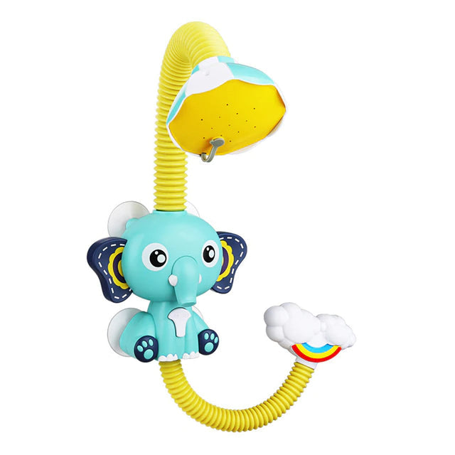Blue elephant bath shower with a yellow hose and rainbow cloud-shaped intake