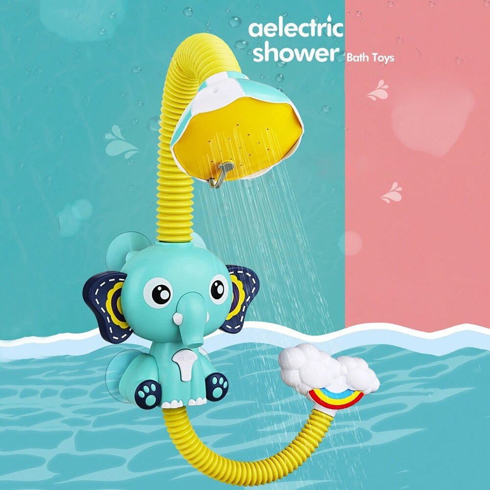 Blue elephant shower with a yellow hose and cloud-shaped intake in an illustrated bath