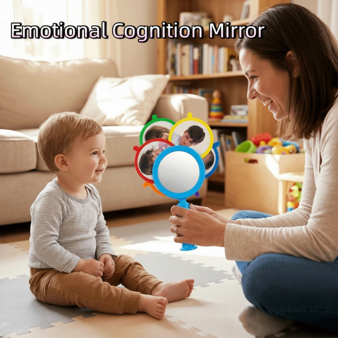 Adult holding the blue expression mirror during floor play with a child