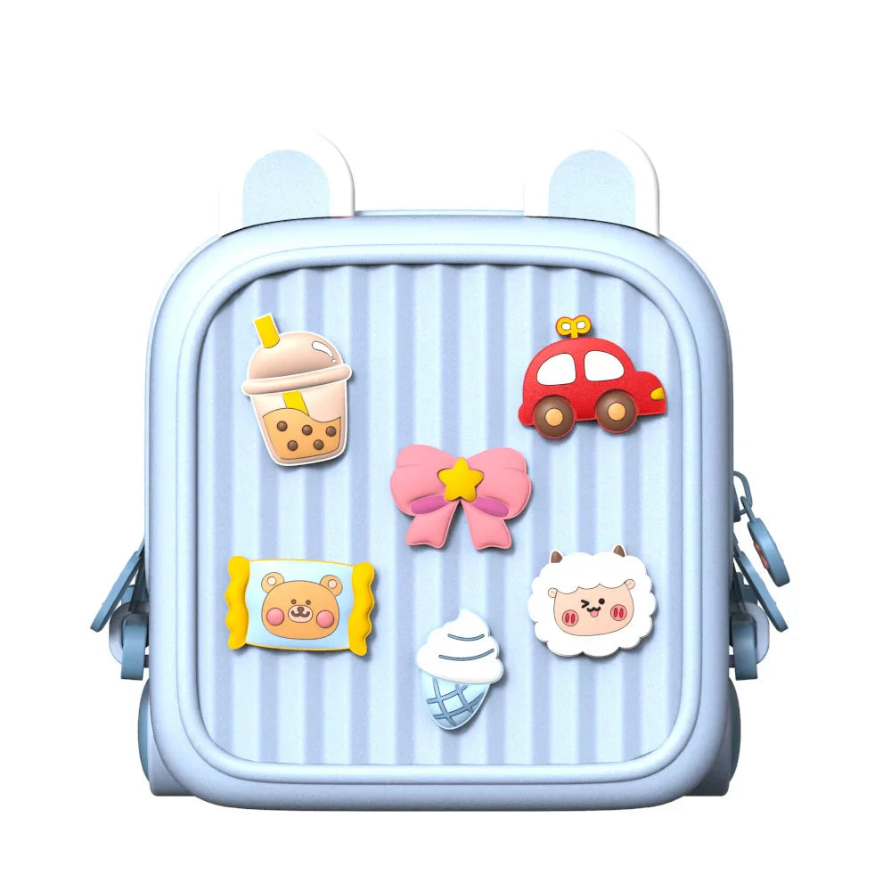 Front view of a blue backpack decorated with a drink, car, bow, candy, sheep, and ice cream