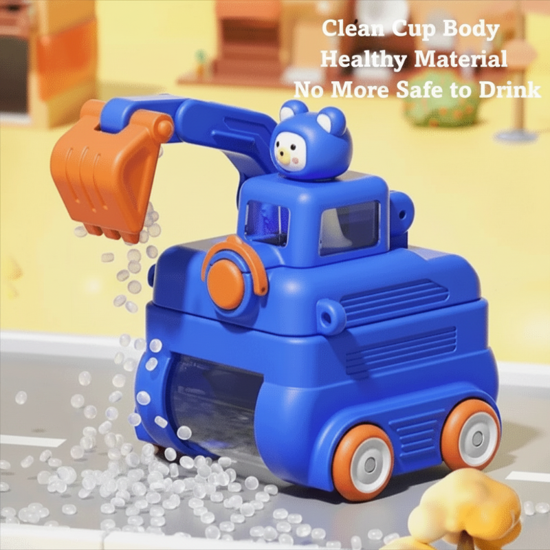 Blue excavator water bottle with an orange scoop and animal topper beside a sink