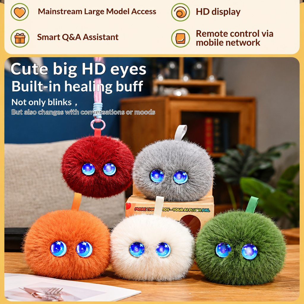 AI plush feature graphic with five colorful toys and their blue eye displays