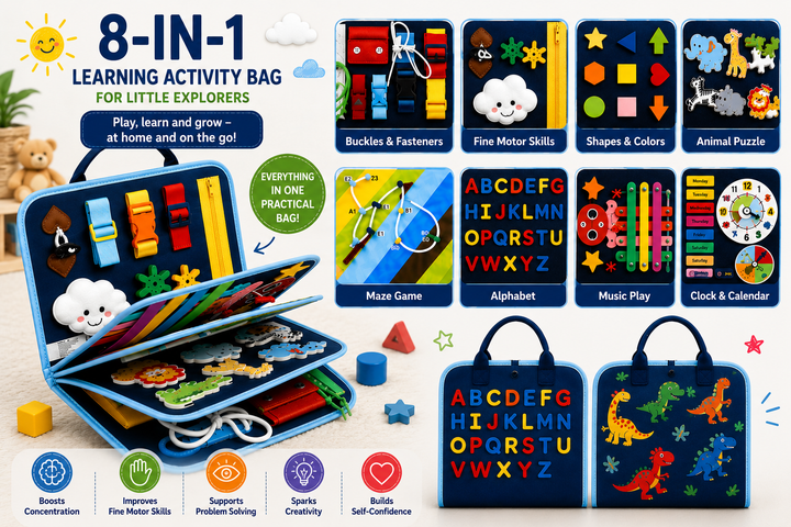 Blue busy board overview showing fasteners, matching panels, alphabet activities, and a clock.